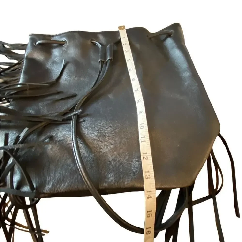 Victoria's Secret Black Faux Pebbled Leather Fringe Bucket Bag